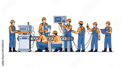 Precision in Progress: A team of skilled technicians diligently oversee the smooth operation of industrial machinery within a modern factory setting. This scene highlights teamwork, dedication.