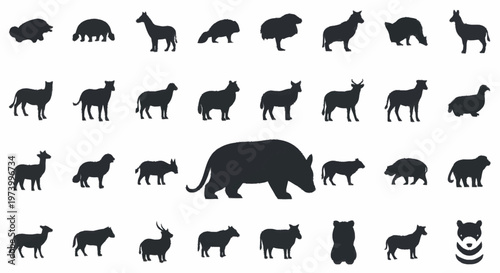 Black silhouettes of various wild animals.
