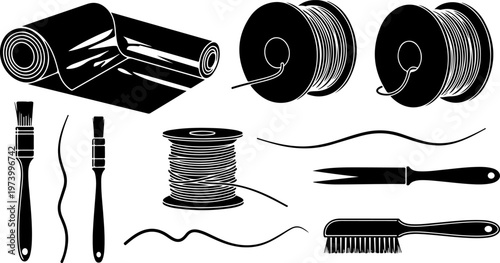 Black Silhouette Vector Set of Tailoring and Crafting Tools Featuring Sewing Thread Spools Fabric Rolls Paint Brushes and Workshop Equipment for Creative DIY Design Projects