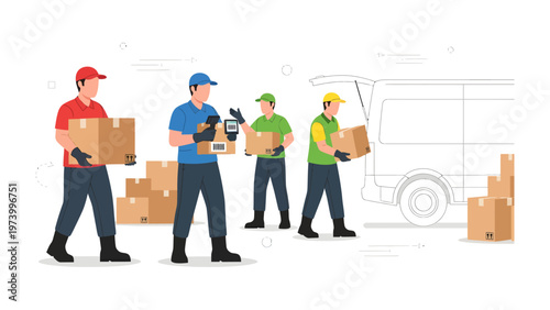 Delivering Efficiency: A team of delivery personnel efficiently load and unload packages, symbolizing logistics and supply chain expertise. 