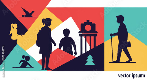 Silhouette of family on vacation trip.