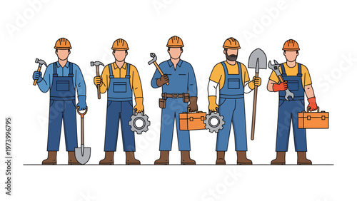 Builders with Tools Ready to Work: A collection of builders are standing proudly, each one holding a unique tool representing their area of expertise, ready for the upcoming work.