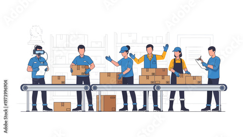 Assembly Line Workers in Action: A dynamic illustration showing a modern factory production line, where dedicated workers meticulously handle products for distribution. A scene of seamless efficiency.