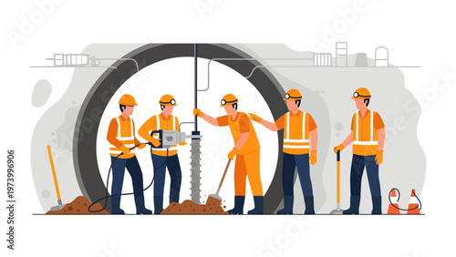 Tunnel Builders at Work: A team of skilled engineers and construction workers collaborate diligently within the confines of a tunnel. The illustration captures a sense of precision and teamwork.