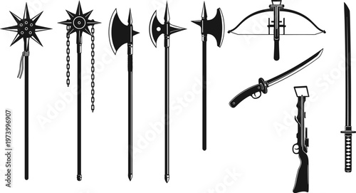 Collection of ancient medieval weapons silhouettes featuring morning star mace flail halberd battle axe crossbow katana sword and vintage musket rifle isolated on white background