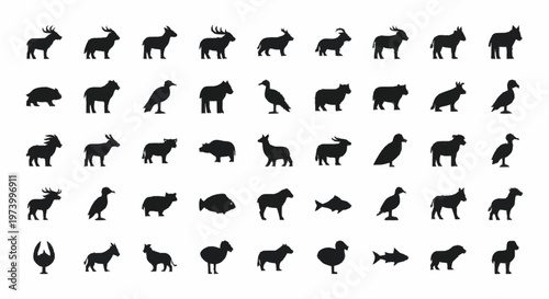 Black silhouettes of various animals standing.