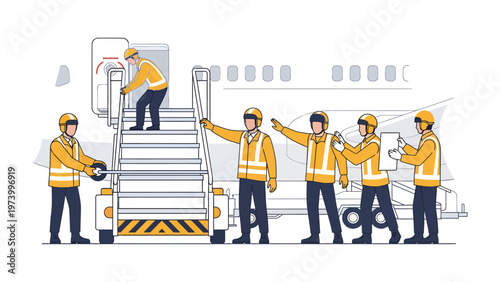 Ground Crew at Work: A coordinated group of ground staff guides a plane's boarding process with precision and care, ensuring a smooth and safe experience.