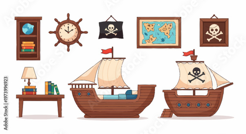 Pirate ships with sails and flags.
