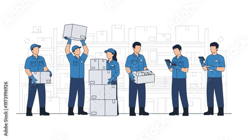 Warehouse Logistics Harmony: A diligent team efficiently manages inventory, packaging goods and facilitating seamless operations in a well-organized warehouse setting.