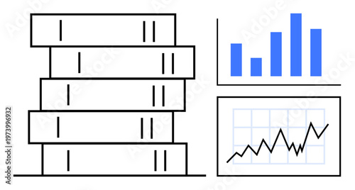 Data analysis, storage systems, business growth, research insights, digital metrics, information management. Stacked data storage structure, bar chart and line graph. Data analysis and storage