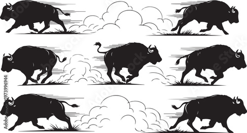 Black bull silhouettes running in clouds with motion lines