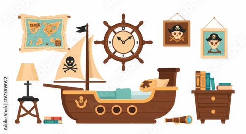 Brown wooden toy pirate ship.