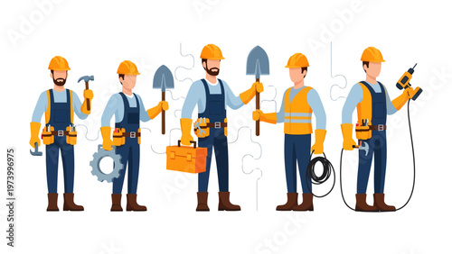 Construction Crew Ready: A diverse team of construction workers is poised, each holding a different tool, ready to embark on a project. Symbolizing teamwork, skill, and the art of building.