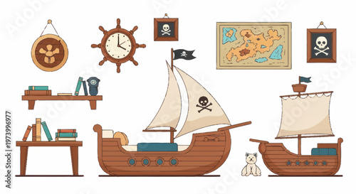 Pirate ships with sails and flags.