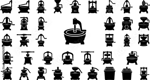 Comprehensive collection of traditional mechanical oil press silhouettes and vintage wooden mill machinery icons isolated on white background for industrial agriculture and heritage design.