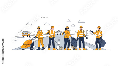 Airport Ground Crew in Action: A team of dedicated ground crew members diligently maintains the airport runway, ensuring a clean and safe environment for flight operations.