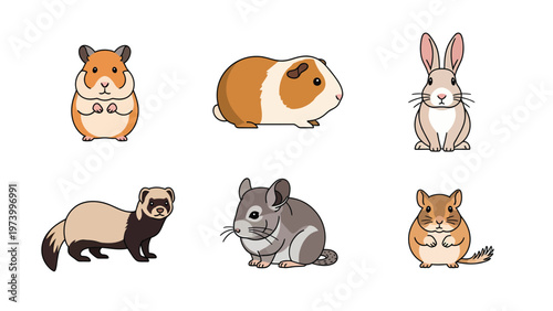 Cute Small Pet Animals Vector Illustration Set: Hamster, Guinea Pig, Rabbit, Ferret, Chinchilla, Gerbil
