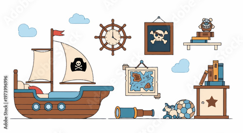 Brown wooden pirate ship toy model.