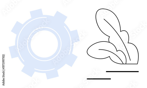 Technology integration, sustainability, innovation, agriculture processes, eco-friendly practices, automation. Gear and sprouting plant. Technology integration and sustainable agriculture concept