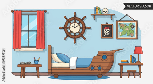 Brown Wooden Ship Shaped Bed Furniture.