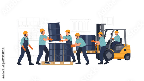 Logistics Dynamics: A coordinated team of workers meticulously handle barrels with a forklift, exemplifying the efficiency and precision of logistical operations in a dynamic warehouse environment.