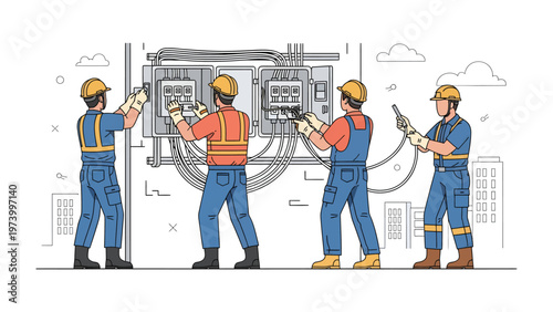 Electricians at Work: Electricians diligently work together, focusing on a complex electrical panel, symbolizing expertise and precision in the field of electrical work.
