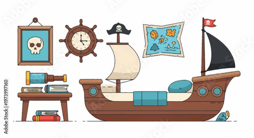 Brown wooden toy pirate ship model.