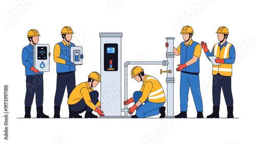 Skilled Technicians at Work: A team of highly skilled technicians diligently works on a intricate piece of machinery, showcasing precision and expertise in their field.