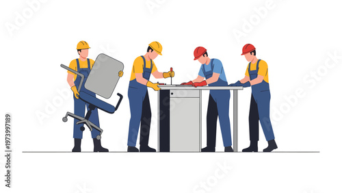 Teamwork in Workspace: A group of dedicated workers collaborate on assembling furniture, embodying the essence of teamwork and skillful execution in the workspace.