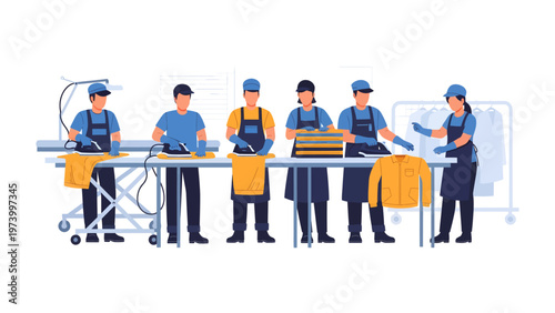 Team in Dry Cleaning: A team of skilled workers meticulously attends to their tasks in a modern dry cleaning establishment, efficiently handling garments and equipment. 