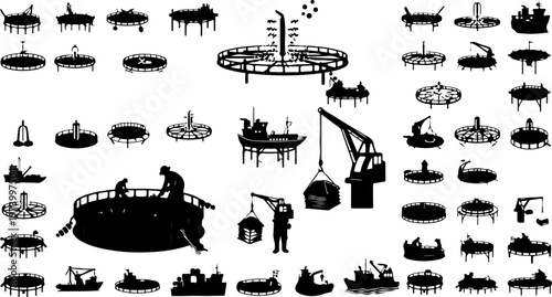 Fish farming industrial offshore aquaculture set with sea cage net pens marine fish farm equipment crane boat ship silhouette collection for seafood industry production and sustainable 