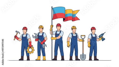 Construction Crew with a flag : A group of construction workers stand united, holding tools and a flag, symbolizing teamwork, progress, and building something great. Perfect for themes of labor.