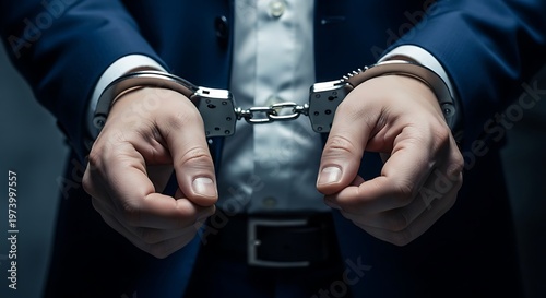 Handcuffed businessman in a blue suit being arrested for white collar crime and corporate fraud during a legal investigation into financial theft