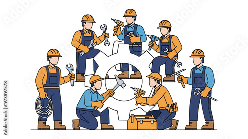 Team of Engineers at Work: A team of skilled engineers in matching uniforms collaborate around a cogwheel, wielding tools and embodying industry, teamwork, and technical expertise. 