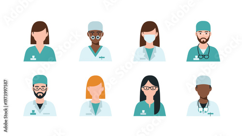 Diverse Medical Professionals Avatars Set. Healthcare team illustrations with doctors, nurses, and medical staff in flat design.
