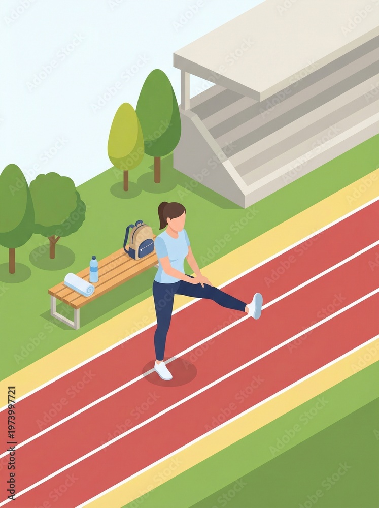 Obraz premium Isometric illustration of a woman stretching on an outdoor sport track before a run