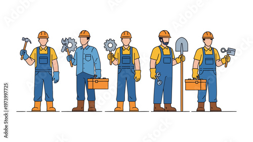 Tools of the Trade: A series of skilled workers stand ready, each holding a specialized tool indicative of their trade, a toolbox by their side, and wearing protective gear.