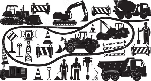 Construction Site Silhouette Icons with Vehicles and Workers