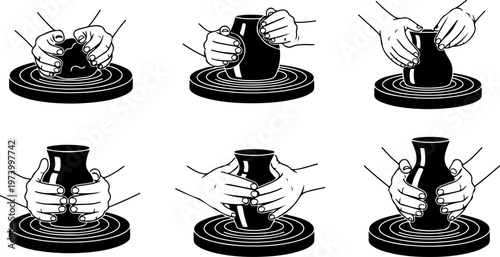 Handmade pottery clay molding process steps on potter's wheel with artisan hands shaping ceramic vase jars minimalist black and white vector silhouette icons.