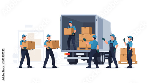 Efficient Moving Team: A dedicated team of movers efficiently loading and unloading boxes into a delivery truck, showcasing seamless teamwork and service.