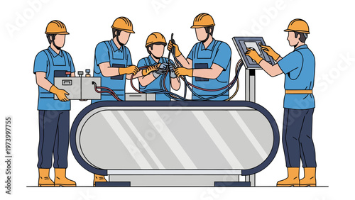 Precision Assembly: A focused group of workers, clad in safety gear, meticulously assemble a machine on a production line, epitomizing the harmony of human skill and technological advancement.