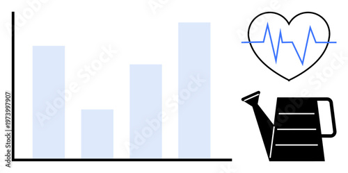 Health trends, fitness analytics, personal development, growth strategies, wellness care, progress tracking. Bar graph, heart with pulse line and a watering can. Growth and health trends concept