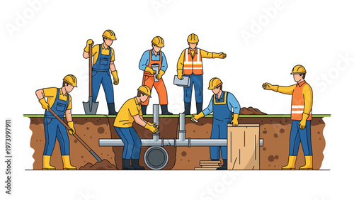 Construction Team Working Together: An illustration of a construction team diligently working together on a project, showcasing collaboration and precision in their tasks. 