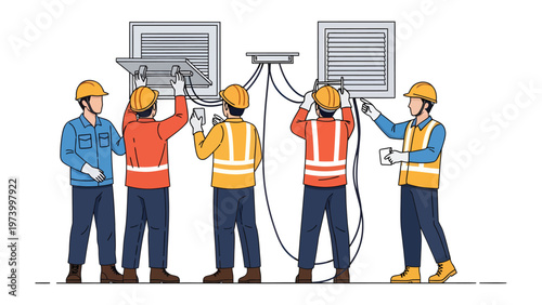 Engineers at work: A team of engineers collaboratively installing building systems, showcasing expertise and dedication to their craft. 