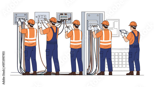 Wiring the Future: A skilled team of electricians diligently installs and maintains electrical systems. Demonstrating precision and teamwork in an essential industry.