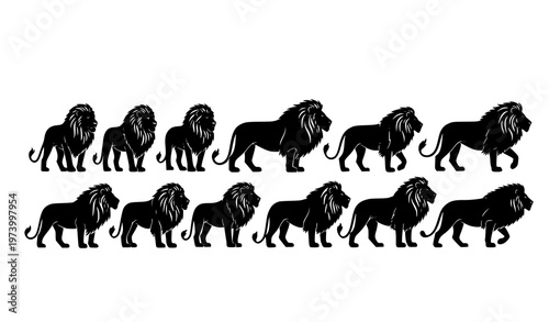 African lion side profile silhouettes set with varied mane styles clean vector collection isolated on white background
