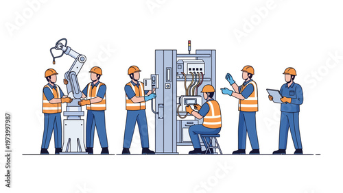 Teamwork in Action: A team of skilled technicians meticulously collaborate on complex machinery, representing the precision of technology in operation. 