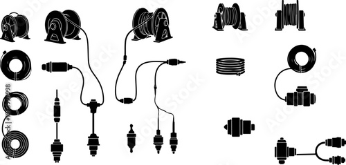 Industrial heavy duty electrical extension cable reels and power cord connectors with wire coils and plug adapters silhouette vector illustration for professional equipment