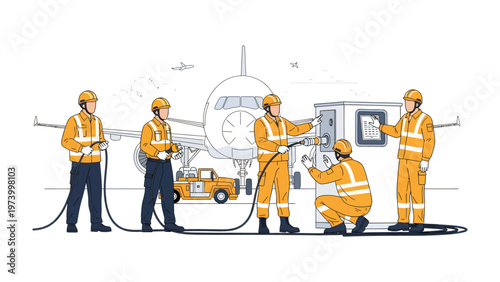 Fueling the Skies: A diligent ground crew meticulously prepares an airplane for its next flight, meticulously handling fuel lines with precision.