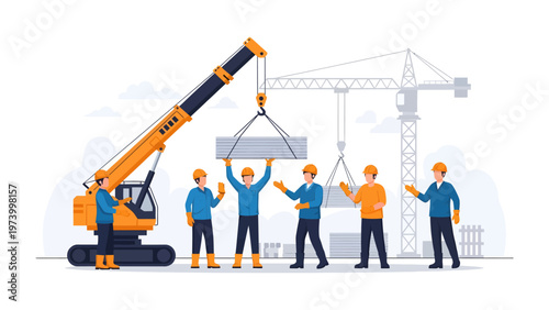 Building in Harmony: a construction scene with a crane lifting a concrete block, the collaborative efforts of construction workers symbolize teamwork, progress, and building something great.